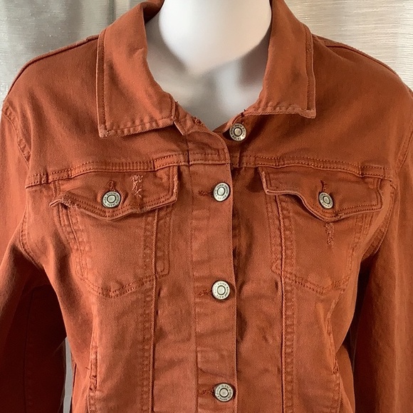Kensie Vintage Luxe Pumpkin Rust Distressed Stretch Denim Jean Jacket Sz L - Picture 2 of 11